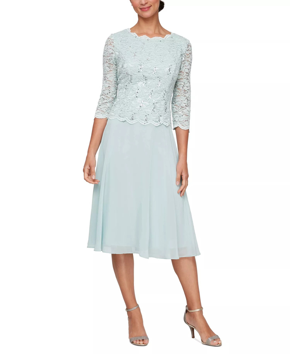 Alex Evenings Sequined Lace Contrast Midi Dress - Fresh Mint, Size 8, MSRP: 189$